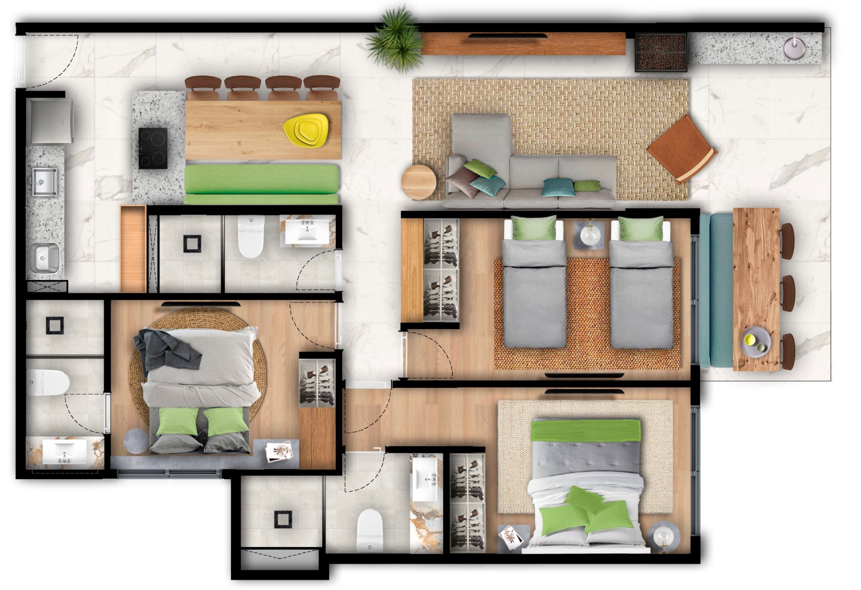 Planta do apartamento de 92 m²: duas suítes, um quarto, banheiro social, sala para dois ambientes e varanda gourmet.