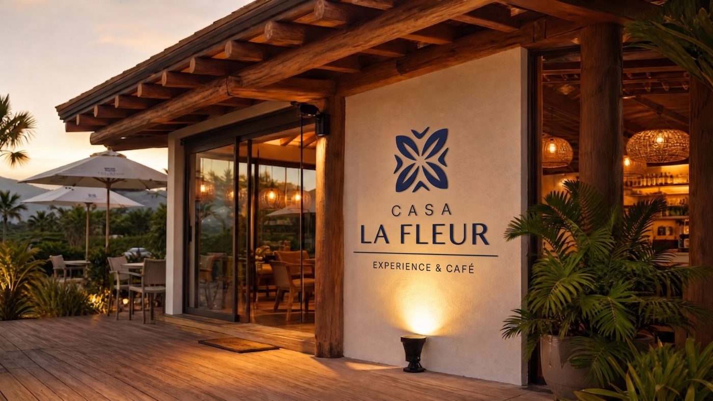 Fachada da Casa La Fleur Experience & Café ao entardecer: deque de madeira, pergolado de troncos, pendentes de fibra acesos e o letreiro em azul sobre a parede clara.