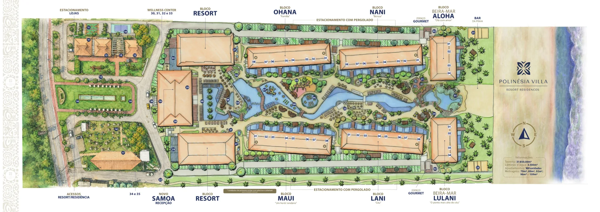 Masterplan do Polinésia Villa: blocos residenciais Ohana, Nani, Maui, Lani, Aloha e Lulani em torno do parque aquático, blocos do resort, recepção Samoa, wellness center e a faixa de praia de Muro Alto.