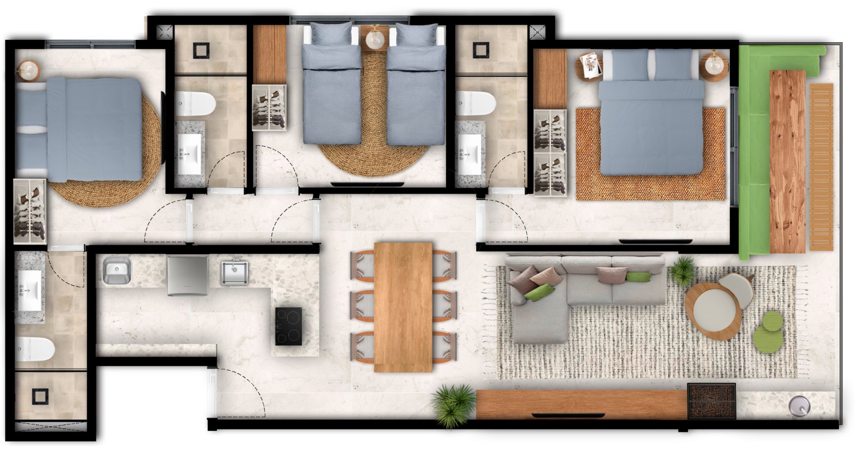 Planta do apartamento de 89 m²: duas suítes, um quarto, banheiro social, sala para dois ambientes e varanda gourmet.