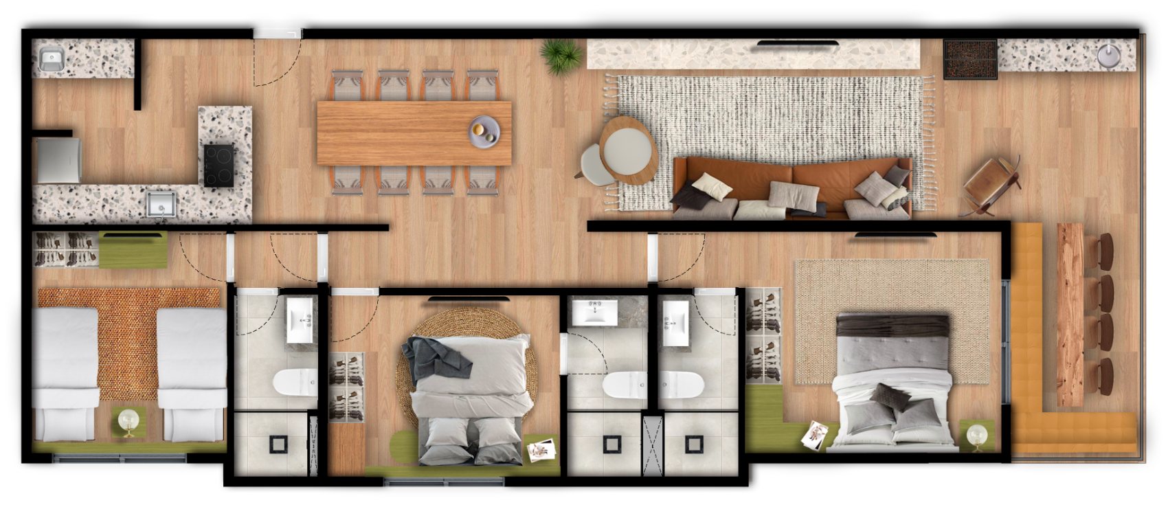 Planta do apartamento de 109 m²: duas suítes, um quarto, banheiro social, sala ampla para dois ambientes e varanda gourmet.