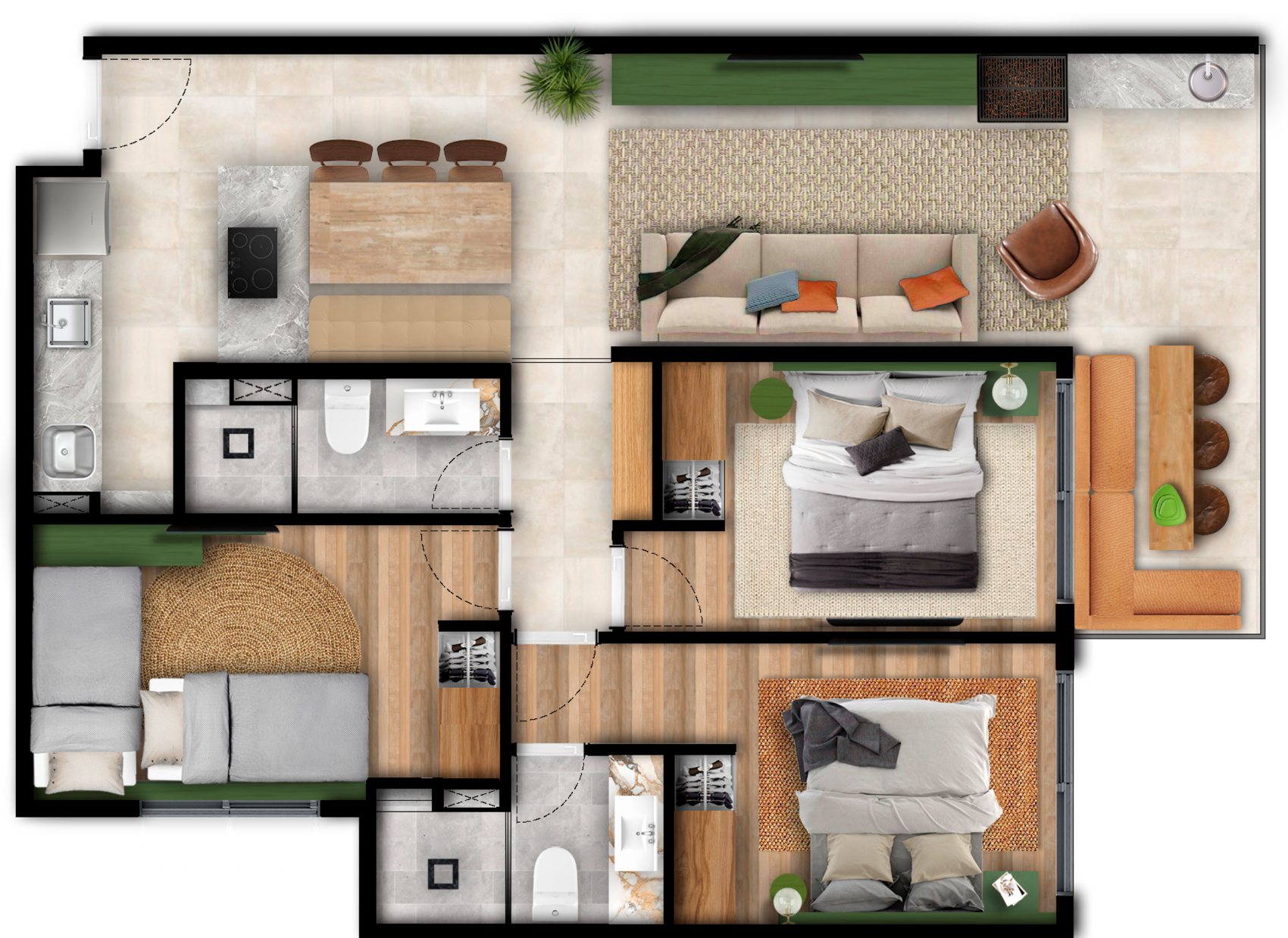 Planta do apartamento de 79 m²: uma suíte, dois quartos, banheiro social, sala para dois ambientes, varanda gourmet, cozinha completa e integrada e área de serviço.
